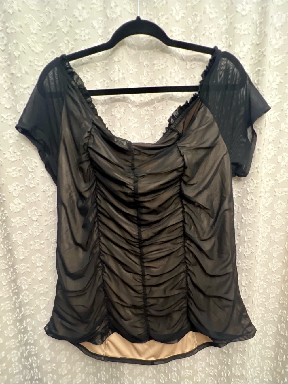 Torrid 3X Ruched Off Shoulder Mesh Black Top Sheer Illusion